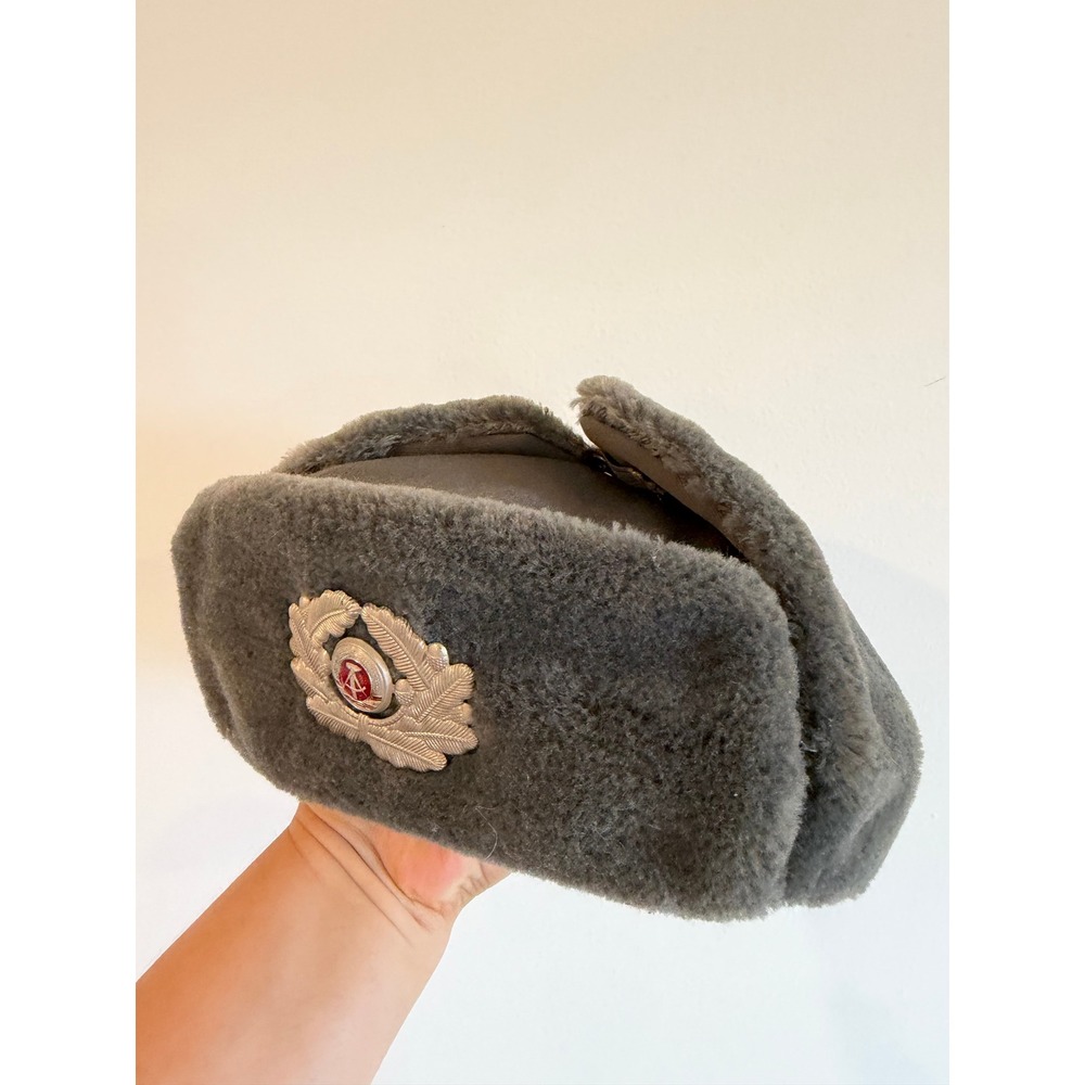 Vintage East German NVA Military Ushanka Winter Hat Grey Faux Fur Size 58